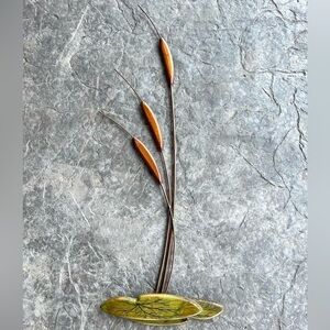 Vintage Cattail Wall Hanging Mid Century Modern Metal Brass Gold MCM Hand Paint